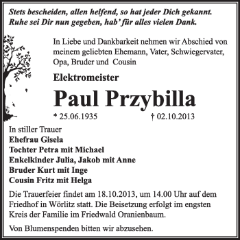 Traueranzeige von Paul Przybilla von Super Sonntag Dessau / Köthen