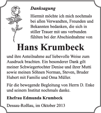 Traueranzeige von Hans Krumbeck von Super Sonntag Dessau / Köthen