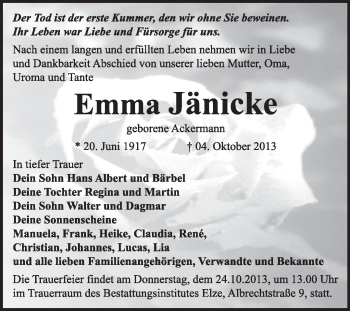 Traueranzeige von Emma Jänicke von Super Sonntag Dessau / Köthen