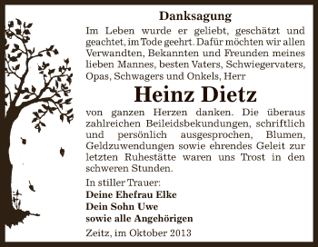 Traueranzeige von Heinz Dietz von Super Sonntag Zeitz