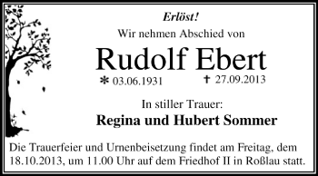 Traueranzeige von Rudolf Ebert von Super Sonntag Dessau / Köthen