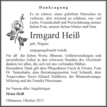 Traueranzeige von Irmgard Heiß von WVG - Wochenspiegel Merseburg