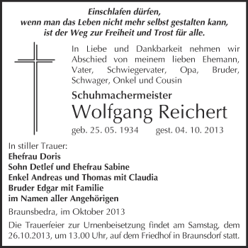 Traueranzeige von Wolfgang Reichert von WVG - Wochenspiegel Merseburg