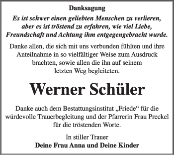 Traueranzeige von Werner Schüler von Super Sonntag Dessau / Köthen