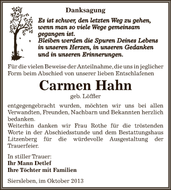 Traueranzeige von Carmen Hahn von Wochenspiegel Mansfelder Land