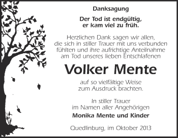 Traueranzeige von Volker Mente von WVG - Wochenspiegel Quedlinburg