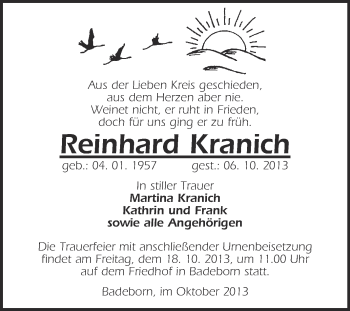 Traueranzeige von Reinhard Kranich von WVG - Wochenspiegel Quedlinburg