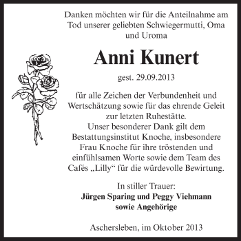 Traueranzeige von Anni Kunert von WVG - Wochenspiegel Aschersleben