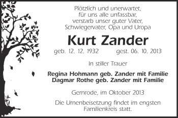 Traueranzeige von Kurt Zander von WVG - Wochenspiegel Quedlinburg