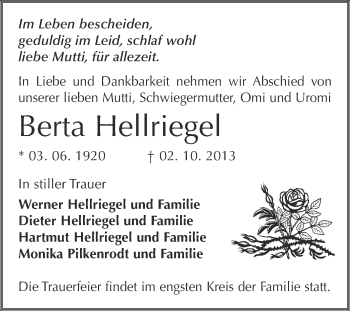 Traueranzeige von Berta Hellriegel von WVG - Wochenspiegel Quedlinburg