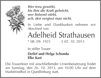Traueranzeige von Adelheid Strathausen von WVG - Wochenspiegel Quedlinburg