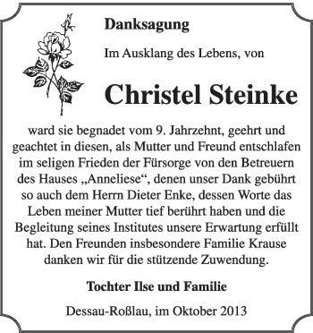 Traueranzeige von Christel Steinke von Super Sonntag Dessau / Köthen