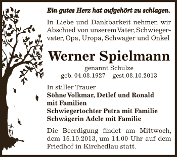 Traueranzeige von Werner Spielmann von Super Sonntag Bernburg