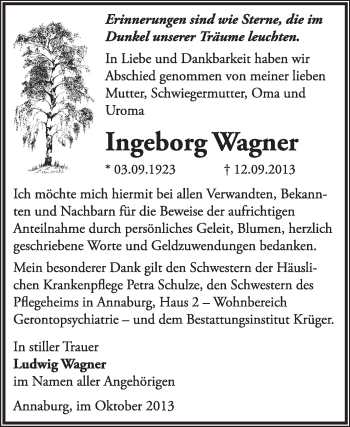 Traueranzeige von Ingeborg Wagner von WVG - Wochenspiegel Wittenberg