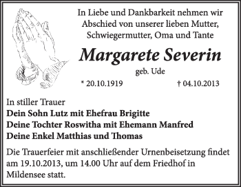 Traueranzeige von Margarete Severin von Super Sonntag Dessau / Köthen