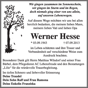 Traueranzeige von Werner Hesse von Super Sonntag Dessau / Köthen