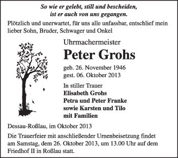 Traueranzeige von Peter Grohs von Super Sonntag Dessau / Köthen