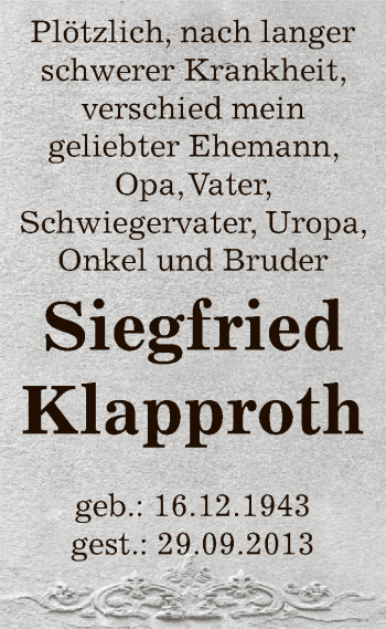 Traueranzeige von Siegfried Klapproth von Super Sonntag Zeitz