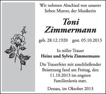 Traueranzeige von Toni Zimmermann von Super Sonntag Dessau / Köthen