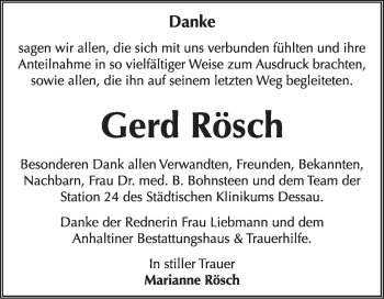Traueranzeige von Gerd Rösch von Super Sonntag Dessau / Köthen