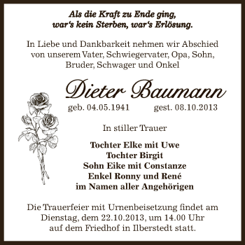 Traueranzeige von Dieter Baumann von Super Sonntag Bernburg