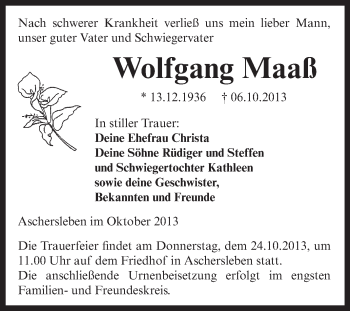 Traueranzeige von Wolfgang Maaß von WVG - Wochenspiegel Aschersleben