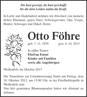 Traueranzeige von Otto Föhre von Super Sonntag Merseburg