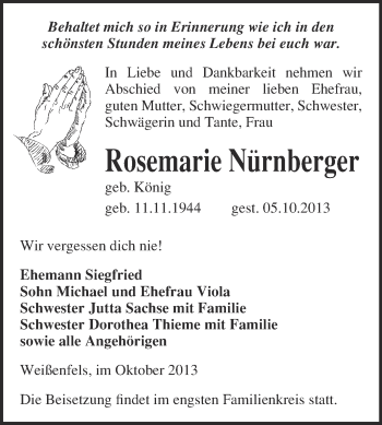 Traueranzeige von Rosemarie Nürnberger von Super Sonntag Merseburg