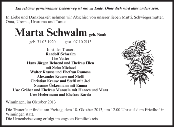 Traueranzeige von Marta Schwalm von Super Sonntag Aschersleben