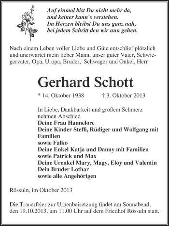 Traueranzeige von Gerhard Schott von WVG - Wochenspiegel NMB / WSF / ZTZ