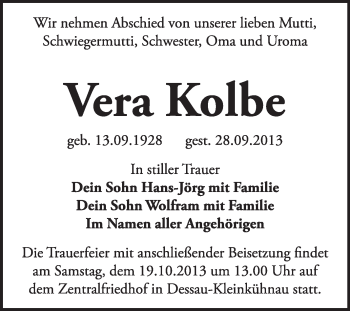 Traueranzeige von Vera Kolbe von Super Sonntag Dessau / Köthen