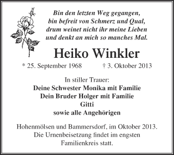 Traueranzeige von Heiko Winkler von WVG - Wochenspiegel NMB / WSF / ZTZ