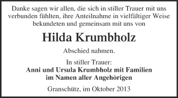 Traueranzeige von Hilda Krumbholz von WVG - Wochenspiegel NMB / WSF / ZTZ