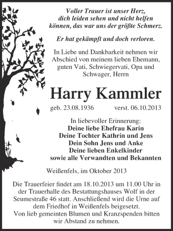 Traueranzeige von Harry Kammler von WVG - Wochenspiegel NMB / WSF / ZTZ