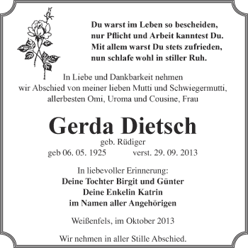 Traueranzeige von Gerda Dietsch von WVG - Wochenspiegel NMB / WSF / ZTZ
