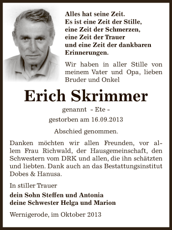 Traueranzeige von Erich Skrimmer von Super Sonntag Bernburg