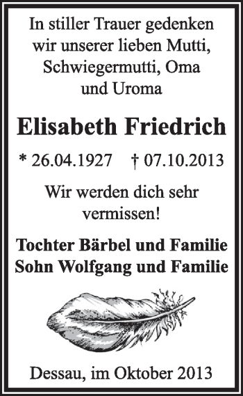 Traueranzeige von Elisabeth Friedrich von Super Sonntag Dessau / Köthen