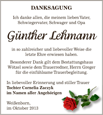 Traueranzeige von Günther Lehmann von Super Sonntag Zeitz