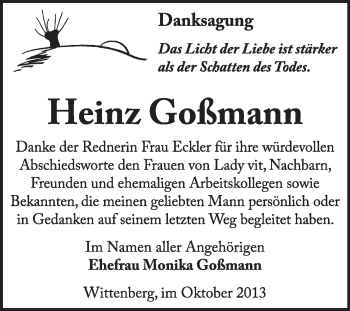 Traueranzeige von Heinz Goßmann von WVG - Wochenspiegel Wittenberg