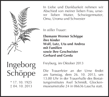 Traueranzeige von Ingeborg Schöppe von WVG - Wochenspiegel NMB / WSF / ZTZ