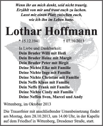 Traueranzeige von Lothar Hoffmann von WVG - Wochenspiegel Wittenberg