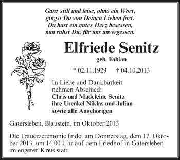 Traueranzeige von Elfriede Senitz von Super Sonntag Aschersleben