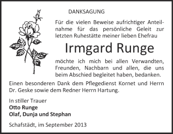 Traueranzeige von Irmgard Runge von Super Sonntag Merseburg