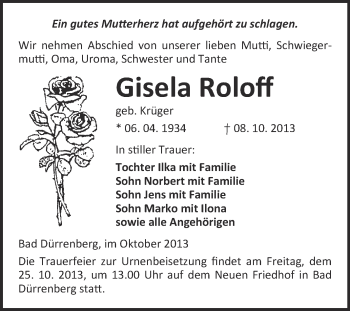 Traueranzeige von Gisela Roloff von Super Sonntag Merseburg