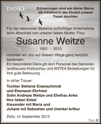 Traueranzeige von Susanne Weitze von Super Sonntag Zeitz