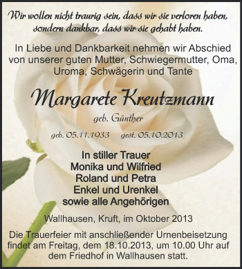 Traueranzeige von Margarete Kreutzmann von Super Sonntag SGH Mansf. Land