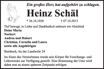 Traueranzeige von Heinz Schäl von Super Sonntag Dessau / Köthen