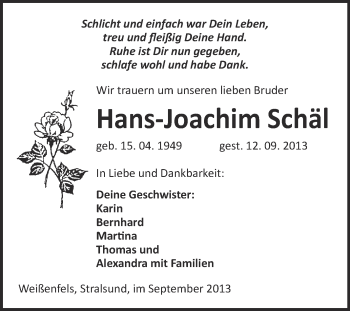 Traueranzeige von Hans-Joachim Schäl von WVG - Wochenspiegel NMB / WSF / ZTZ