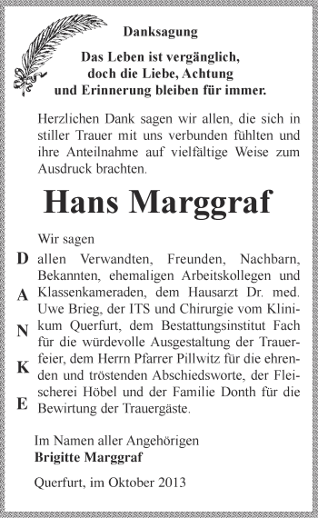 Traueranzeige von Hans Marggraf von WVG - Wochenspiegel Merseburg