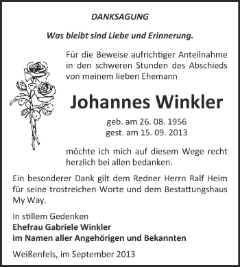 Traueranzeige von Johannes Winkler von Super Sonntag Merseburg